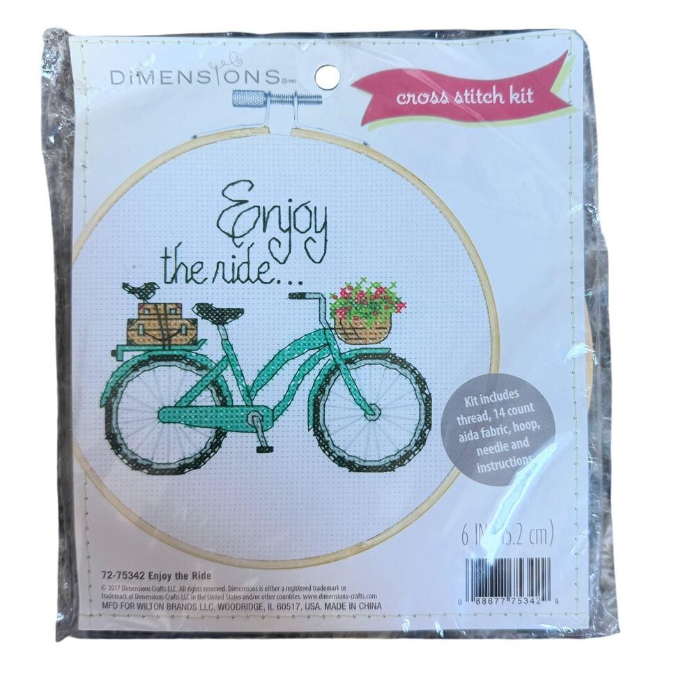 Dimensions Enjoy The Ride Bicycle Cross Stitch Kit 72-75342 Green Hoop New
